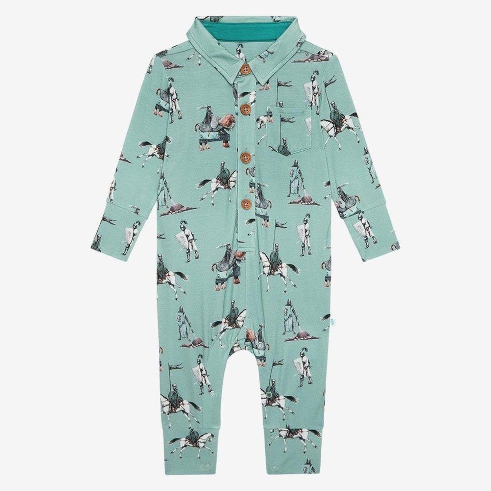Posh Peanut Knights Bamboo Viscose Long Sleeve Polo Romper 18-24 Months Green G3